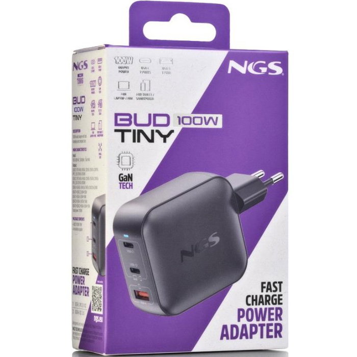 NGS Cargador de Pared GaN BUD100WTINY 100W con 2xUSB-C y 1xUSB-A Negro NGS Cargador de Pared GaN BUD100WTINY 100W con 2xUSB-C y 1xUSB-A Negro